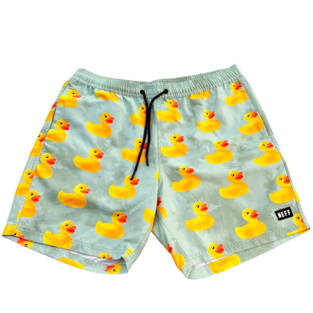 Neff Men's Swim Trunks‎ Yellow Rubber Ducks Print Elastic Waist Size XL